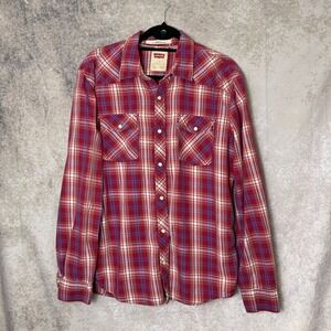 Levi's Mens L Pearl Snap Western Shirt Red Blue Plaid Modern Fit Long Sleeve
